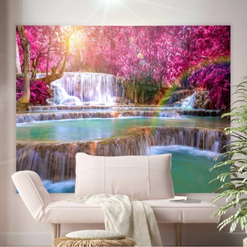 Vibrant Pink and Green Waterfall Wall Art Chic modern wall hanging canvas paint